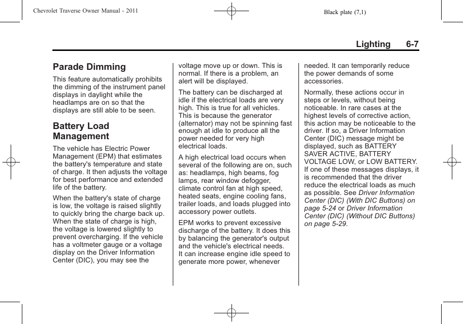 Parade dimming, Battery load management, Parade dimming -7 battery load management -7 | CHEVROLET 2011 Traverse User Manual | Page 189 / 452