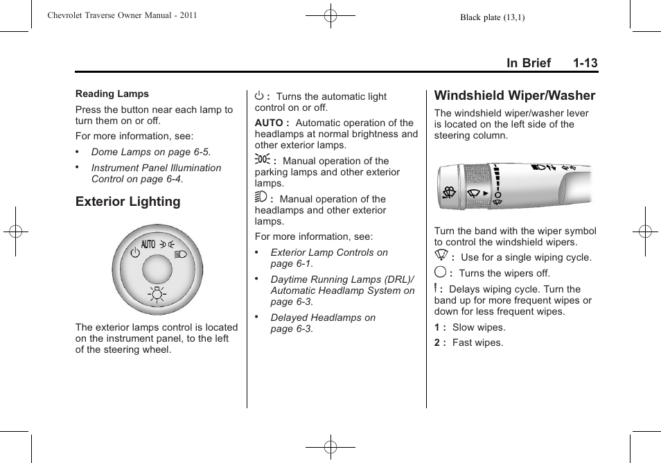 Exterior lighting, Windshield wiper/washer, Exterior lighting -13 windshield wiper/washer -13 | CHEVROLET 2011 Traverse User Manual | Page 19 / 452