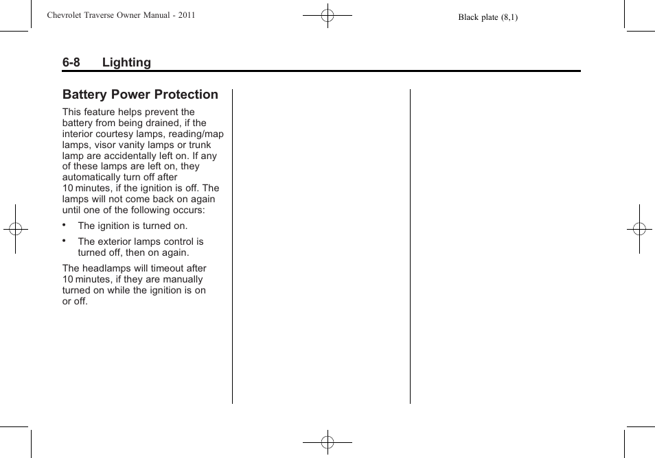 Battery power protection, Battery power protection -8, 8 lighting | CHEVROLET 2011 Traverse User Manual | Page 190 / 452