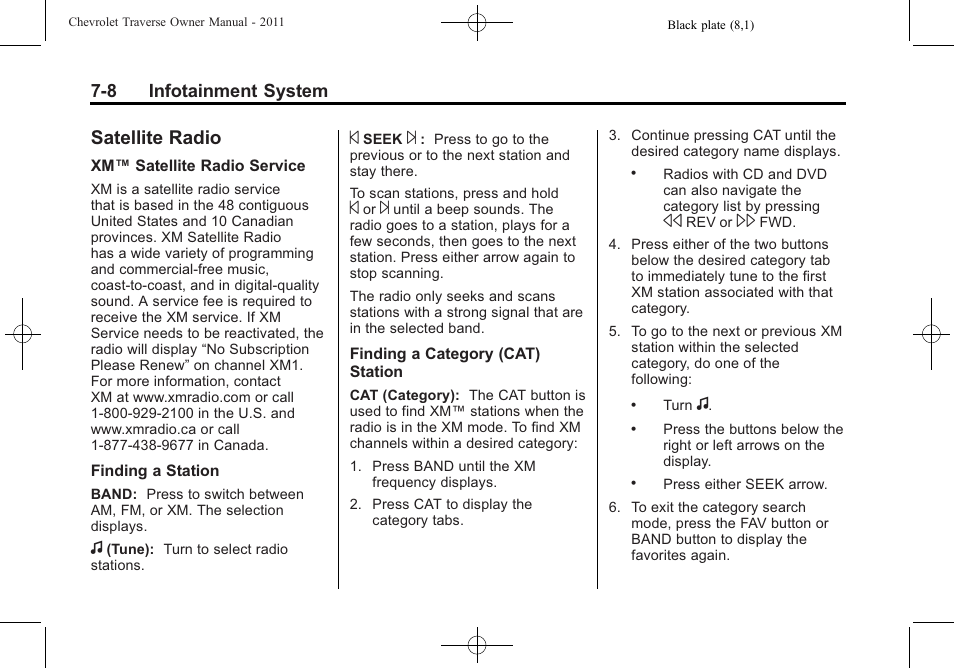 Satellite radio, Satellite radio -8, Rear seat | CHEVROLET 2011 Traverse User Manual | Page 198 / 452