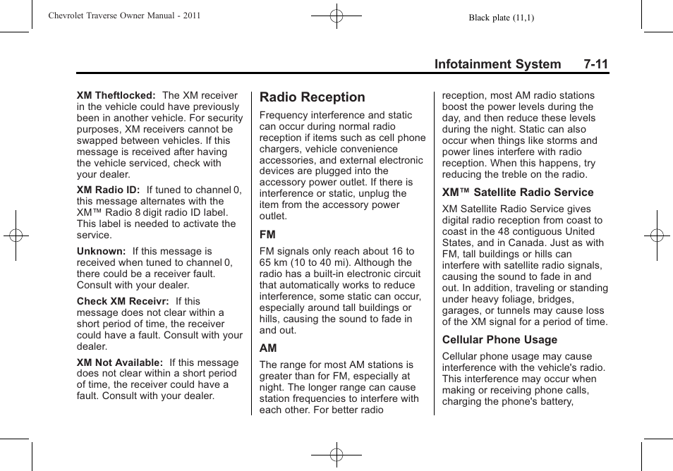 Radio reception, Radio reception -11, System | CHEVROLET 2011 Traverse User Manual | Page 201 / 452