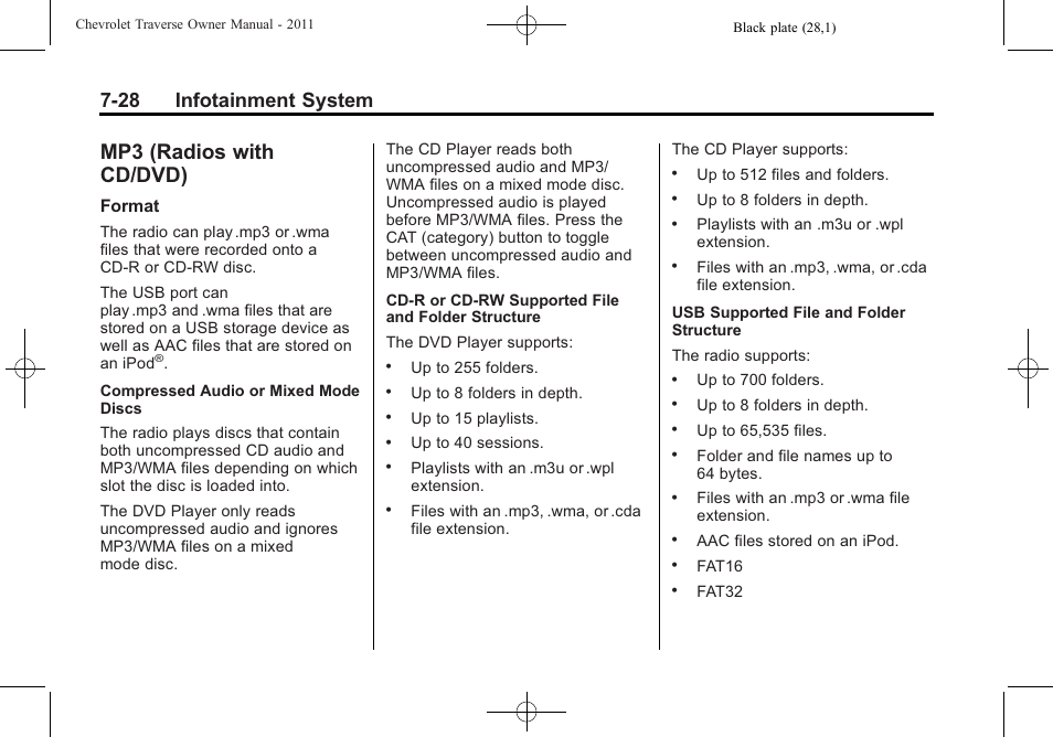 Mp3 (radios with cd/dvd), Mp3 (radios with, Cd/dvd) -28 | System's, 28 infotainment system | CHEVROLET 2011 Traverse User Manual | Page 218 / 452