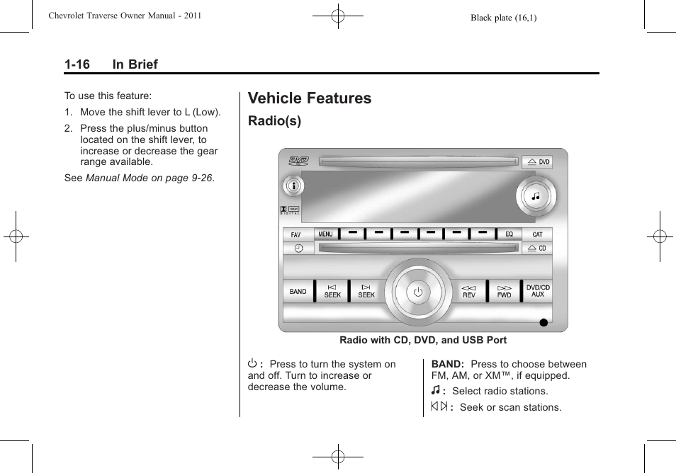 Vehicle features, Radio(s), Vehicle features -16 | Roof rack system, Radio(s) -16, Onstar | CHEVROLET 2011 Traverse User Manual | Page 22 / 452