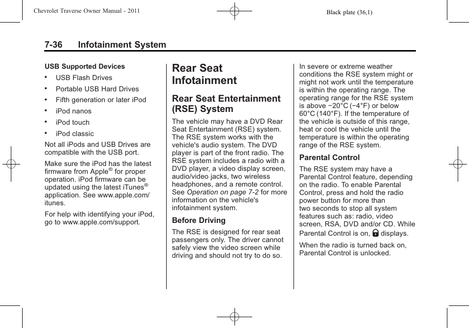 Rear seat infotainment, Rear seat entertainment (rse) system, Rear seat infotainment -36 | Bulb replacement, Rear seat entertainment, System -36, Taking your eyes off, 36 infotainment system | CHEVROLET 2011 Traverse User Manual | Page 226 / 452