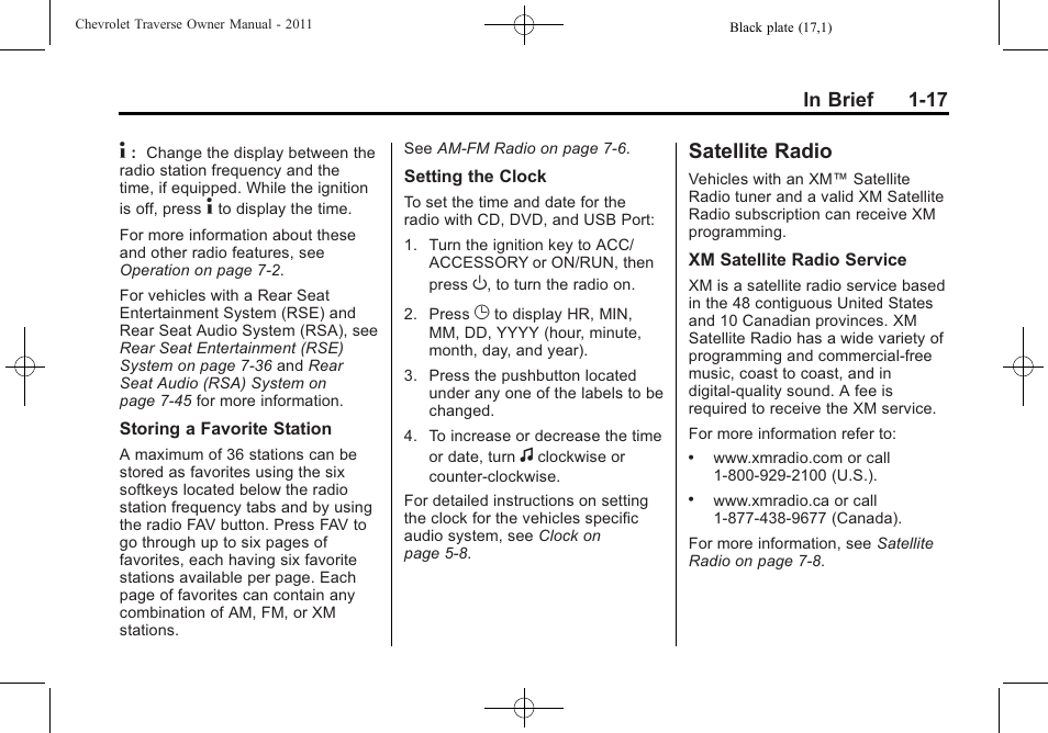 Satellite radio, Radio -17 | CHEVROLET 2011 Traverse User Manual | Page 23 / 452