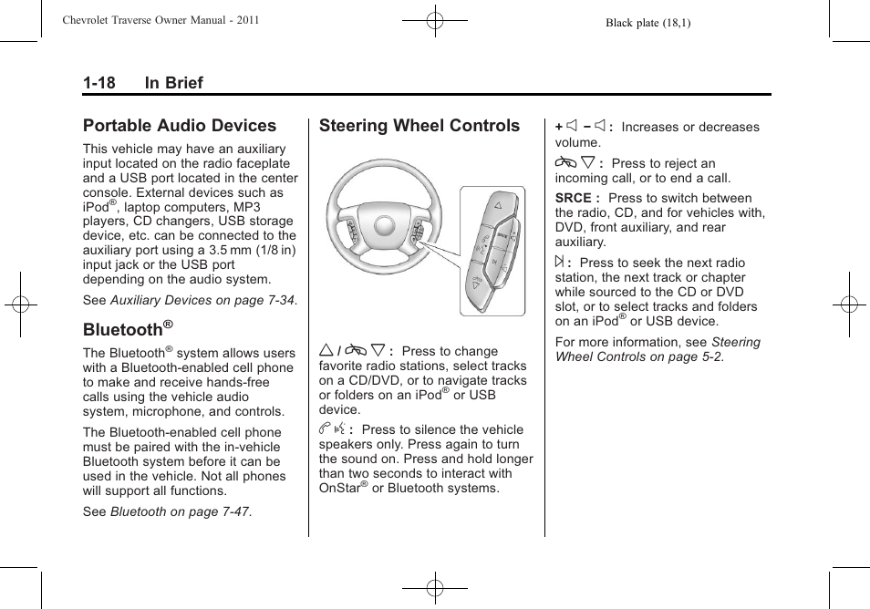 Portable audio devices, Bluetooth, Steering wheel controls | Portable audio devices -18 bluetooth, Steering wheel controls -18, Steering wheel controls w | CHEVROLET 2011 Traverse User Manual | Page 24 / 452