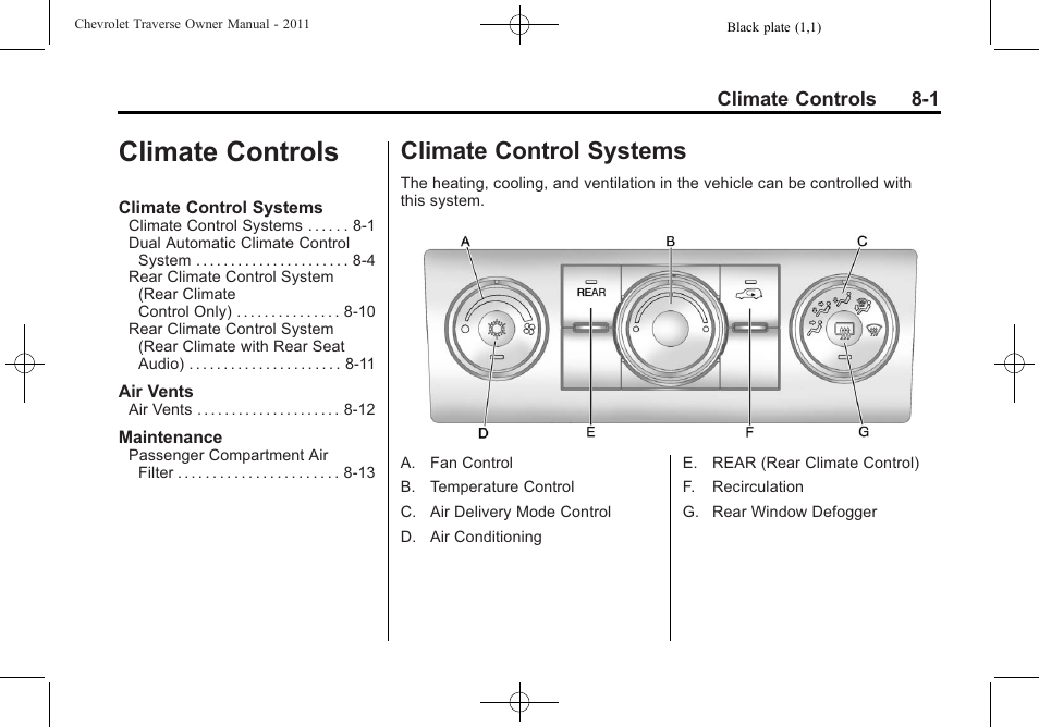 Climate controls, Climate control systems, Climate controls -1 | Systems -1, Climate control systems on | CHEVROLET 2011 Traverse User Manual | Page 245 / 452