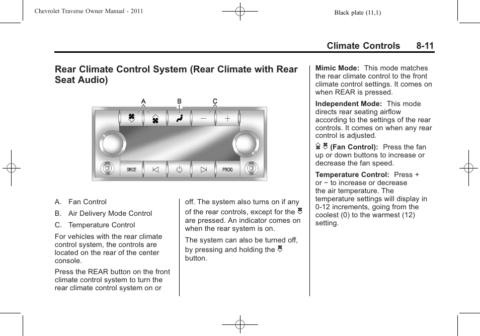 Rear climate control system, Rear climate with rear seat audio) -11 | CHEVROLET 2011 Traverse User Manual | Page 255 / 452