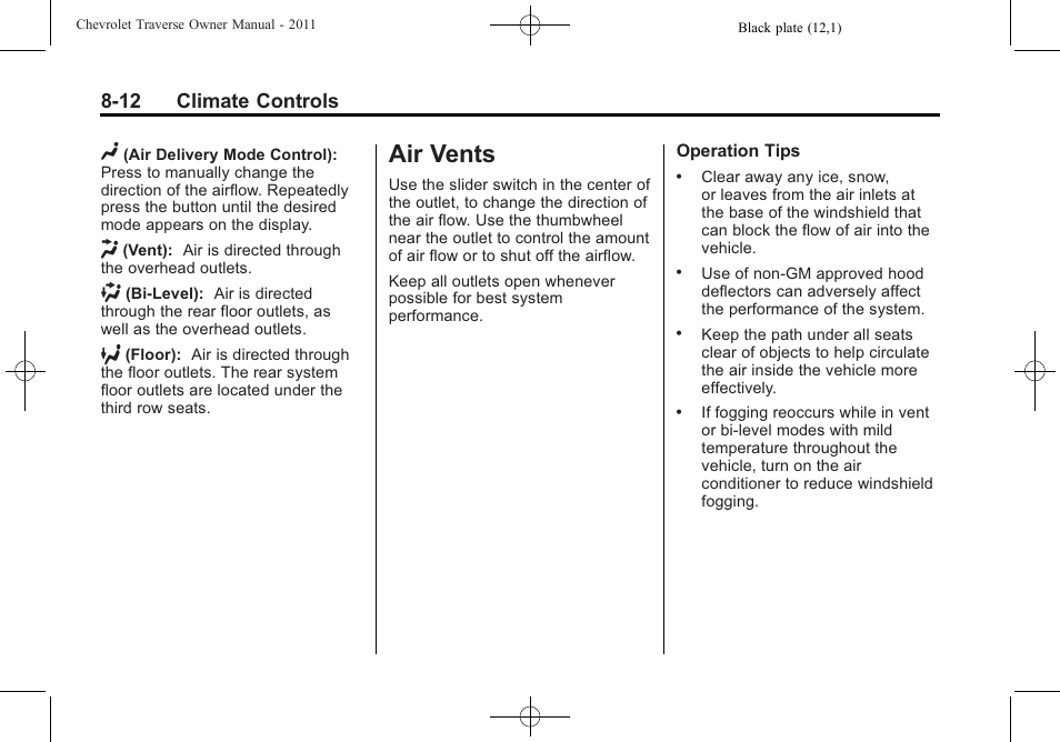 Air vents, Air vents -12, 12 climate controls | CHEVROLET 2011 Traverse User Manual | Page 256 / 452