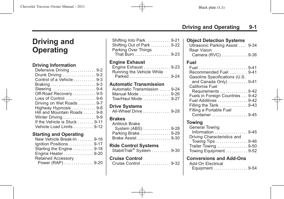 Driving and operating, Driving and operating -1, Driving and operating 9-1 | CHEVROLET 2011 Traverse User Manual | Page 259 / 452