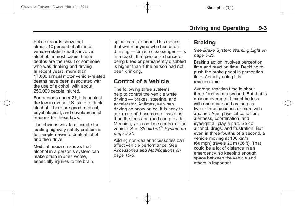 Control of a vehicle, Braking, Control of a vehicle -3 braking -3 | Driving and operating 9-3 | CHEVROLET 2011 Traverse User Manual | Page 261 / 452