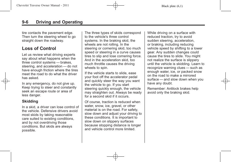 Loss of control, Loss of control -6 | CHEVROLET 2011 Traverse User Manual | Page 264 / 452