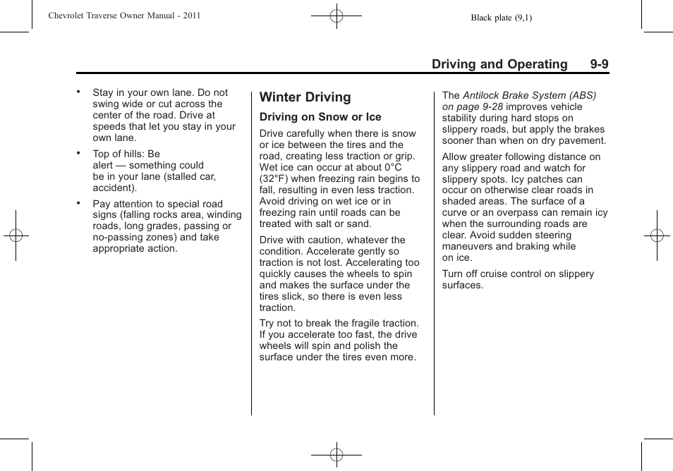 Winter driving, Winter driving -9, Brakes | Driving and operating 9-9 | CHEVROLET 2011 Traverse User Manual | Page 267 / 452