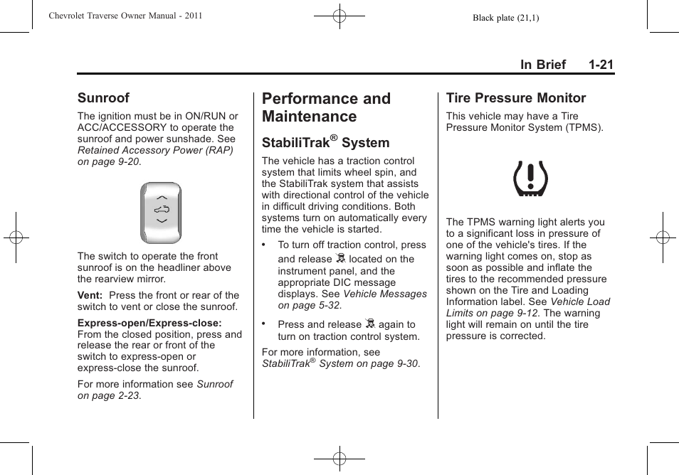 Sunroof, Performance and maintenance, Stabilitrak® system | Tire pressure monitor, Performance and, Maintenance -21, Instruments and controls, Sunroof -21, Stabilitrak, System -21 | CHEVROLET 2011 Traverse User Manual | Page 27 / 452