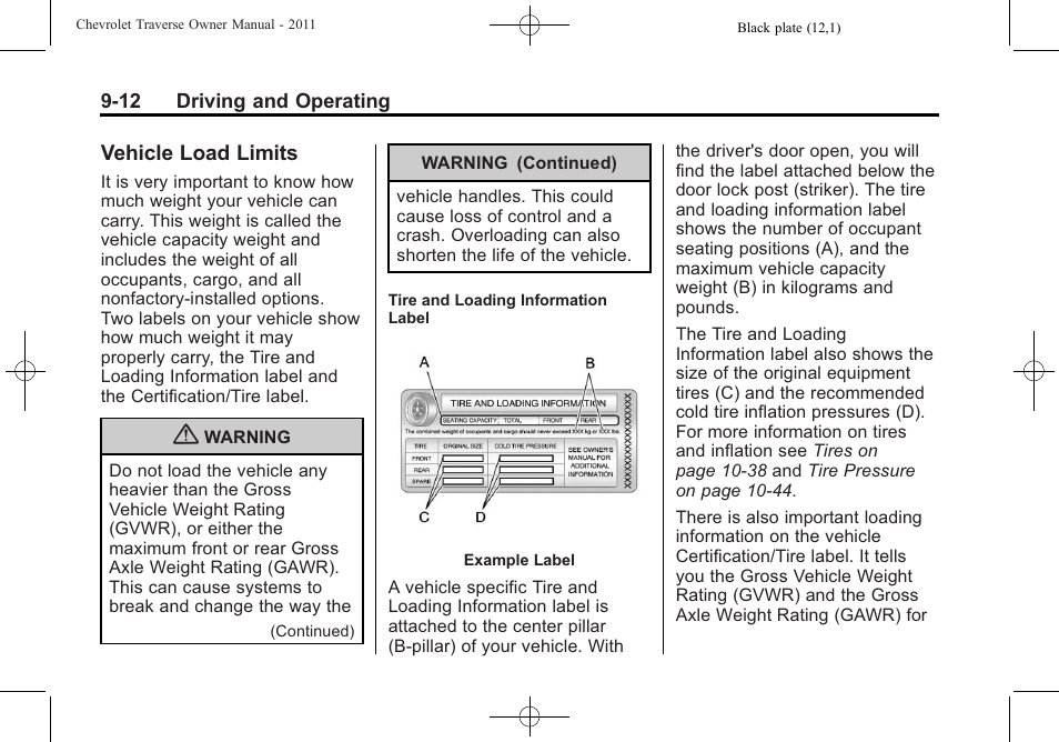 Vehicle load limits, Vehicle load limits -12 | CHEVROLET 2011 Traverse User Manual | Page 270 / 452