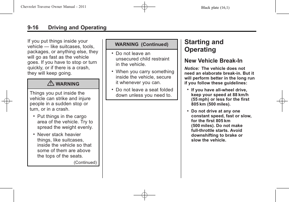 Starting and operating, New vehicle break-in, Starting and operating -16 | New vehicle break-in -16, 16 driving and operating | CHEVROLET 2011 Traverse User Manual | Page 274 / 452