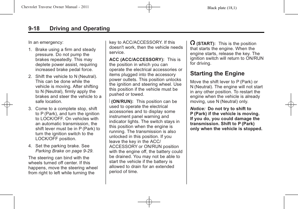 Starting the engine, Starting the engine -18 | CHEVROLET 2011 Traverse User Manual | Page 276 / 452