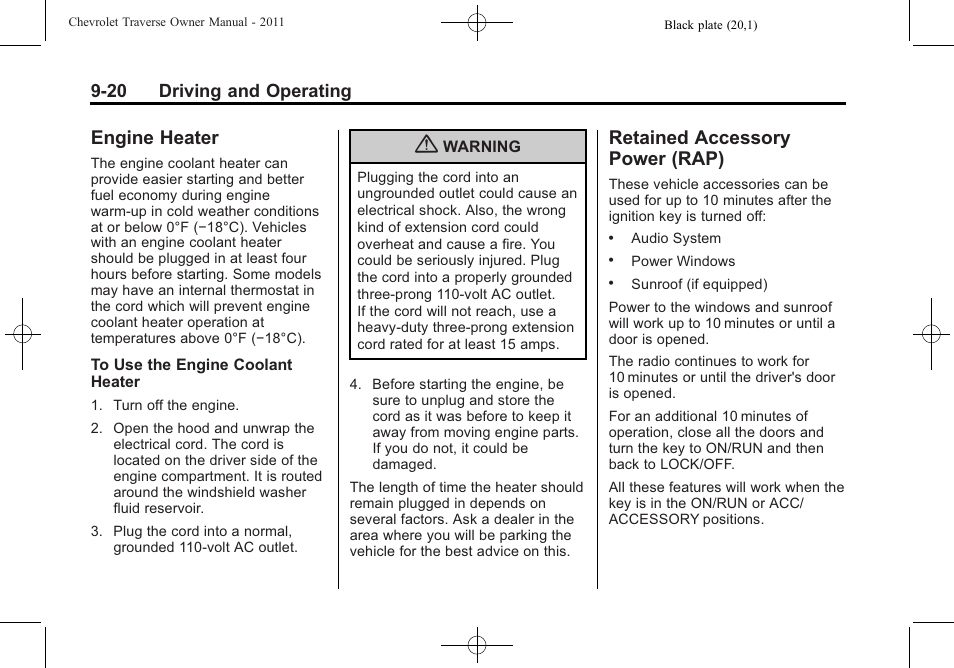 Engine heater, Retained accessory power (rap), Engine heater -20 retained accessory | Power (rap) -20, 20 driving and operating | CHEVROLET 2011 Traverse User Manual | Page 278 / 452