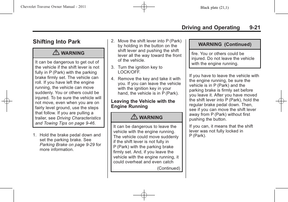 Shifting into park, Shifting into, Shifting into park -21 | Object | CHEVROLET 2011 Traverse User Manual | Page 279 / 452