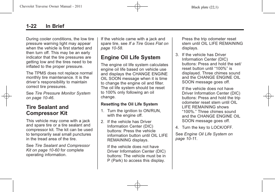 Tire sealant and compressor kit, Engine oil life system, Tire sealant and | Compressor kit -22, Engine oil life system -22 | CHEVROLET 2011 Traverse User Manual | Page 28 / 452