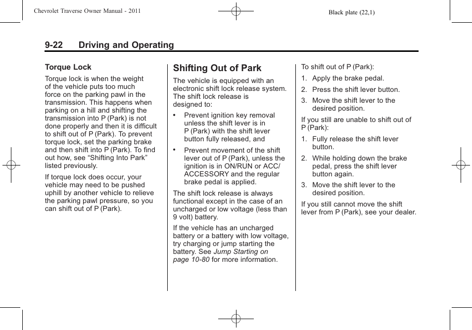 Shifting out of park, Shifting out of park -22, 22 driving and operating | CHEVROLET 2011 Traverse User Manual | Page 280 / 452