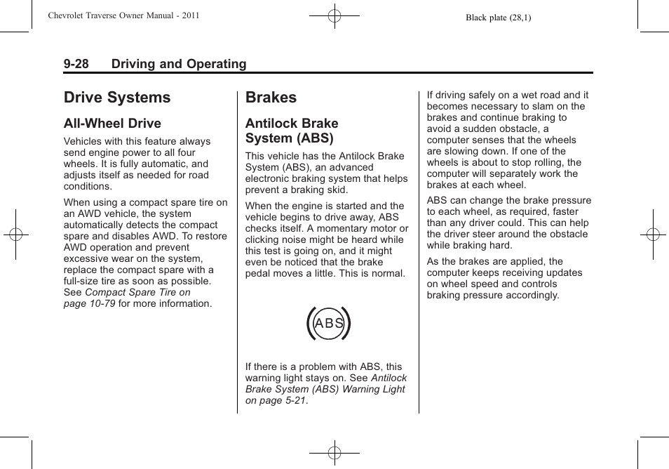 Drive systems, All-wheel drive, Brakes | Antilock brake system (abs), All-wheel drive -28, Antilock brake, System (abs) -28, General | CHEVROLET 2011 Traverse User Manual | Page 286 / 452