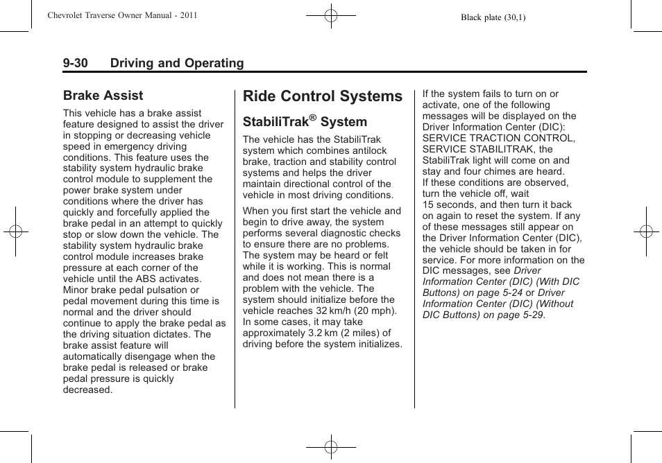 Brake assist, Ride control systems, Stabilitrak® system | Stabilitrak, System on, System, Brake assist -30, System -30 | CHEVROLET 2011 Traverse User Manual | Page 288 / 452
