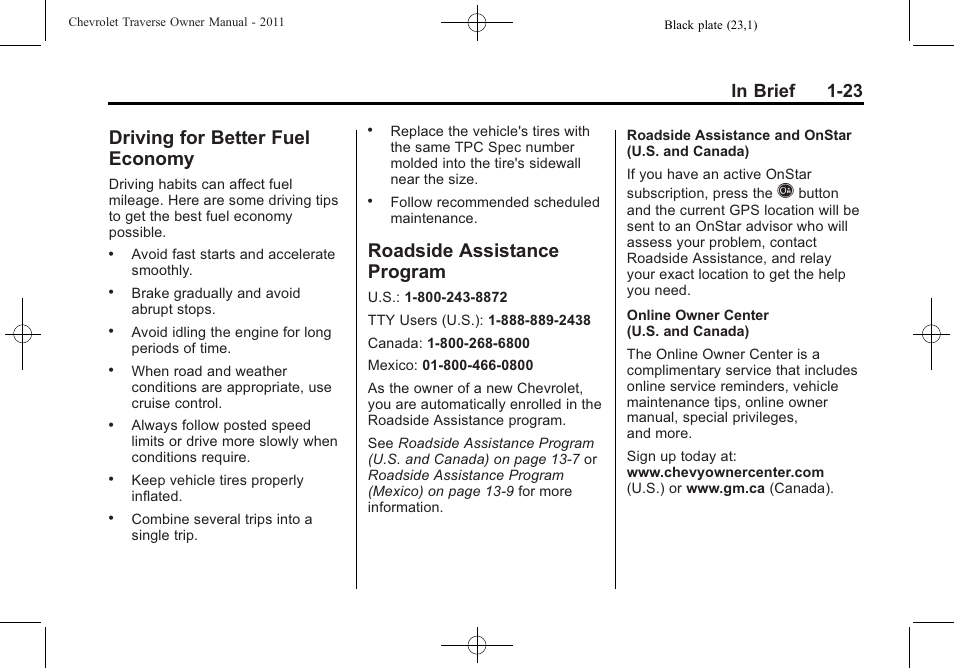 Driving for better fuel economy, Roadside assistance program, Driving for better fuel | Economy -23, Roadside assistance, Program -23 | CHEVROLET 2011 Traverse User Manual | Page 29 / 452