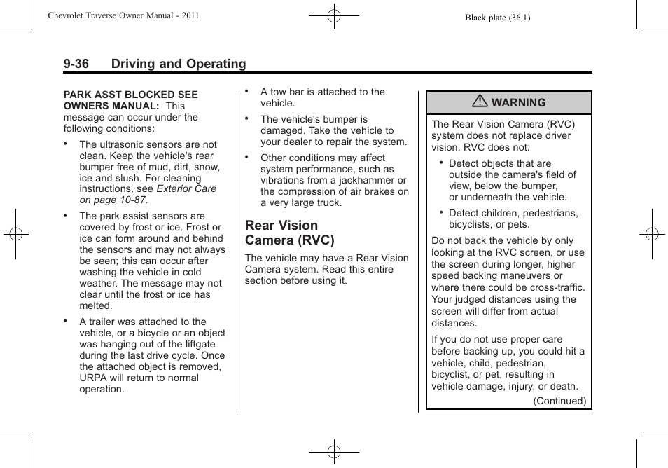 Rear vision camera (rvc), Rear vision, Camera (rvc) -36 | 36 driving and operating | CHEVROLET 2011 Traverse User Manual | Page 294 / 452