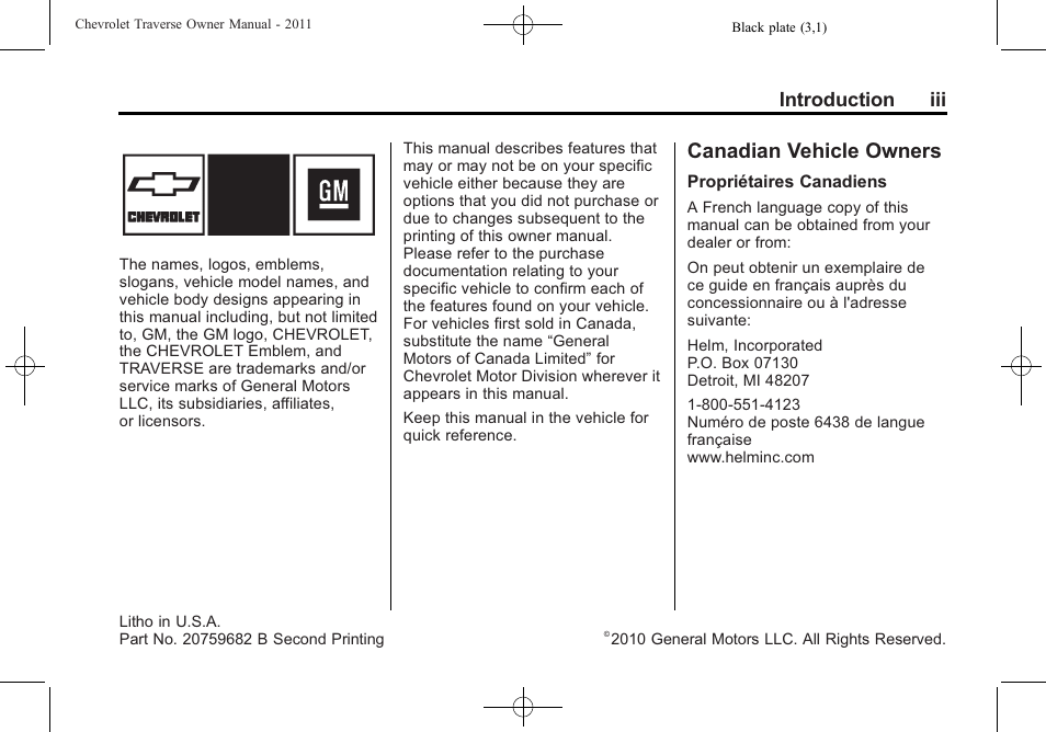 Introduction, Canadian vehicle owners, Introduction iii | CHEVROLET 2011 Traverse User Manual | Page 3 / 452