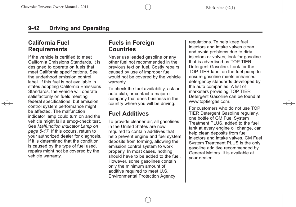 California fuel requirements, Fuels in foreign countries, Fuel additives | California fuel, Requirements -42, Fuels in foreign countries -42 fuel additives -42 | CHEVROLET 2011 Traverse User Manual | Page 300 / 452