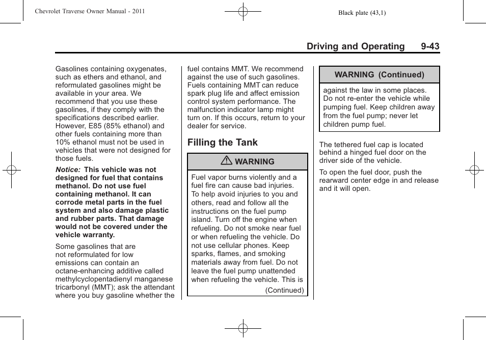 Filling the tank, Filling the tank -43 | CHEVROLET 2011 Traverse User Manual | Page 301 / 452