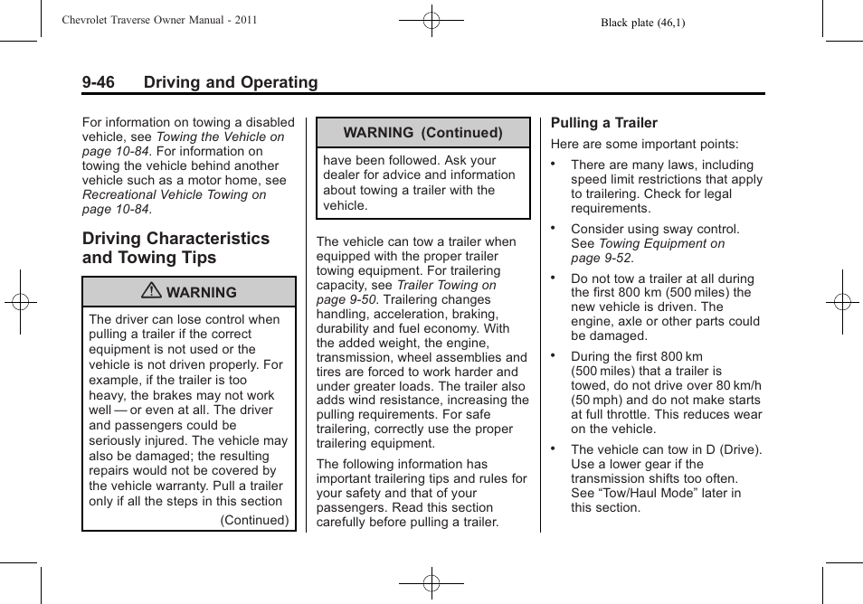 Driving characteristics and towing tips, Driving characteristics and, Towing tips -46 | 46 driving and operating | CHEVROLET 2011 Traverse User Manual | Page 304 / 452