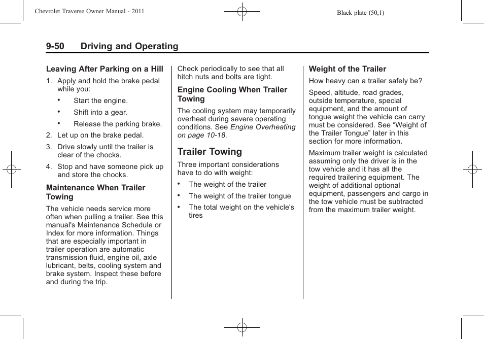 Trailer towing, Trailer towing -50, 50 driving and operating | CHEVROLET 2011 Traverse User Manual | Page 308 / 452
