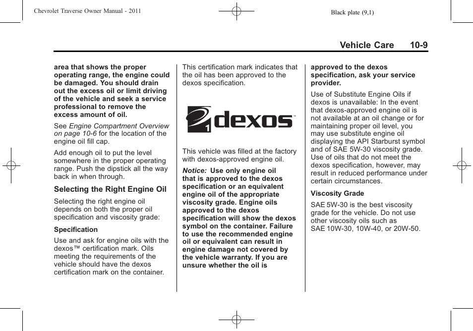 Vehicle care 10-9 | CHEVROLET 2011 Traverse User Manual | Page 321 / 452