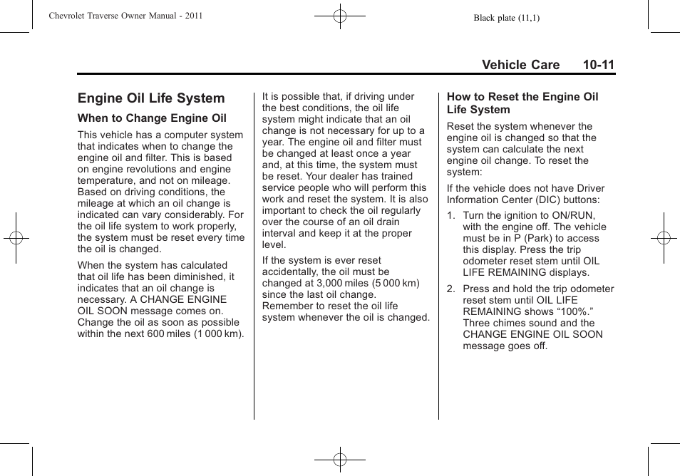 Engine oil life system, Engine oil life system -11 | CHEVROLET 2011 Traverse User Manual | Page 323 / 452