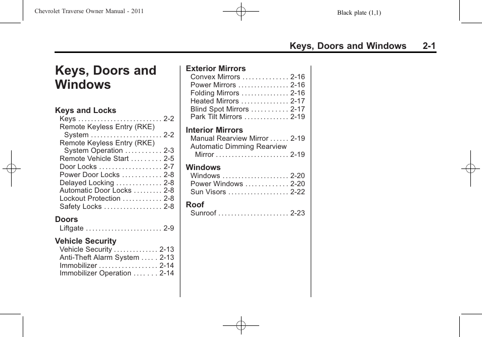 Keys, doors and windows, Keys, doors and windows -1 | CHEVROLET 2011 Traverse User Manual | Page 33 / 452