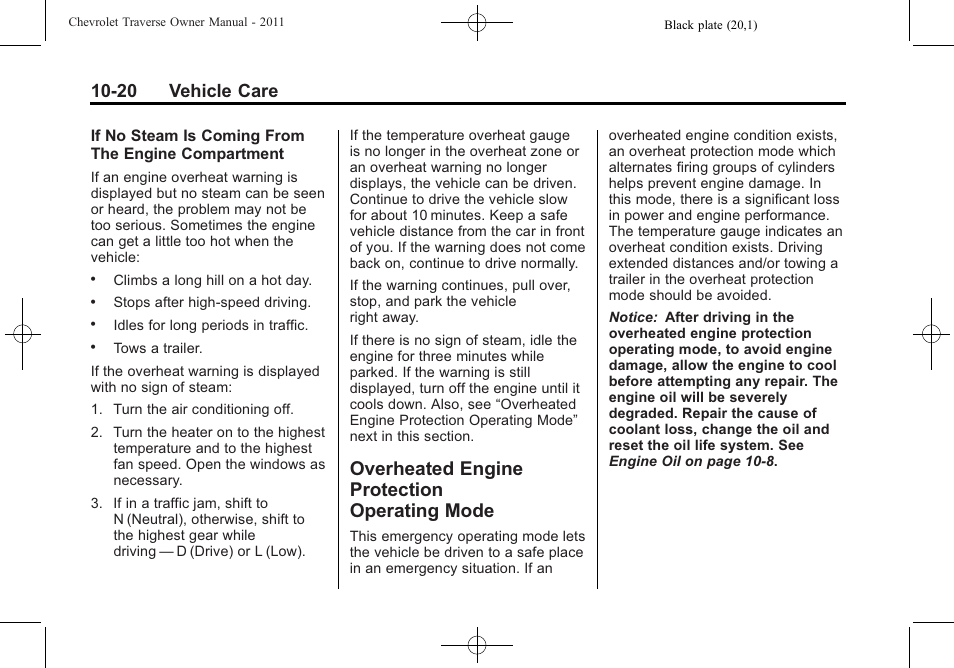 Overheated engine protection operating mode, Overheated engine, Protection operating mode -20 | 20 vehicle care | CHEVROLET 2011 Traverse User Manual | Page 332 / 452