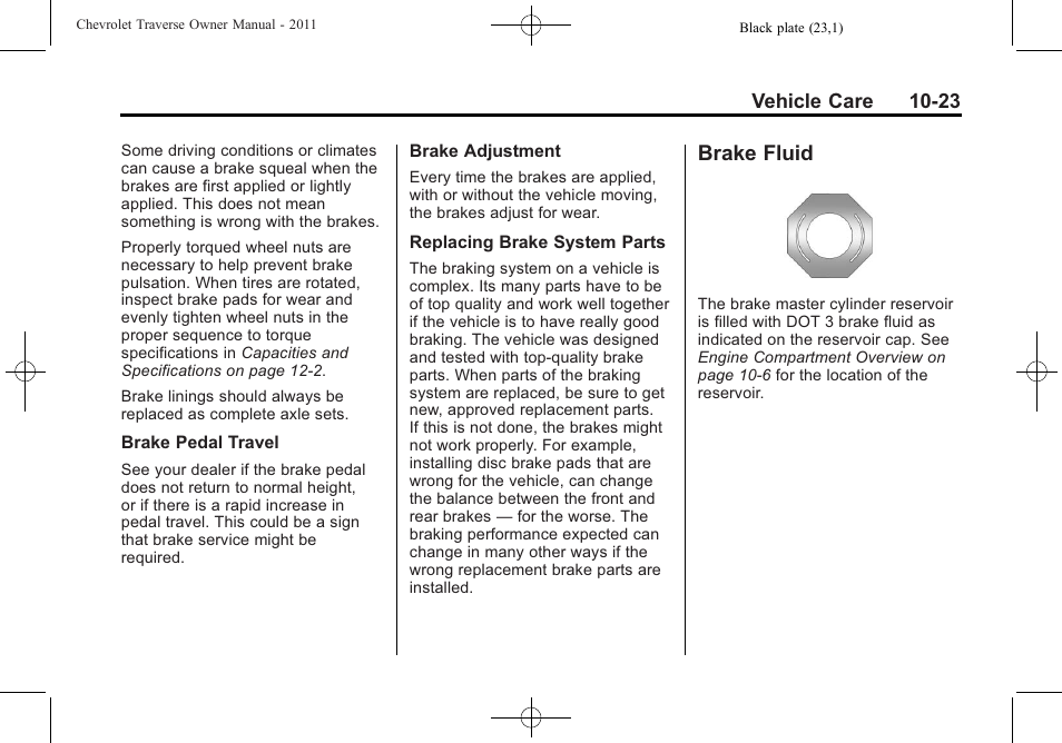 Brake fluid, Brake fluid -23 | CHEVROLET 2011 Traverse User Manual | Page 335 / 452