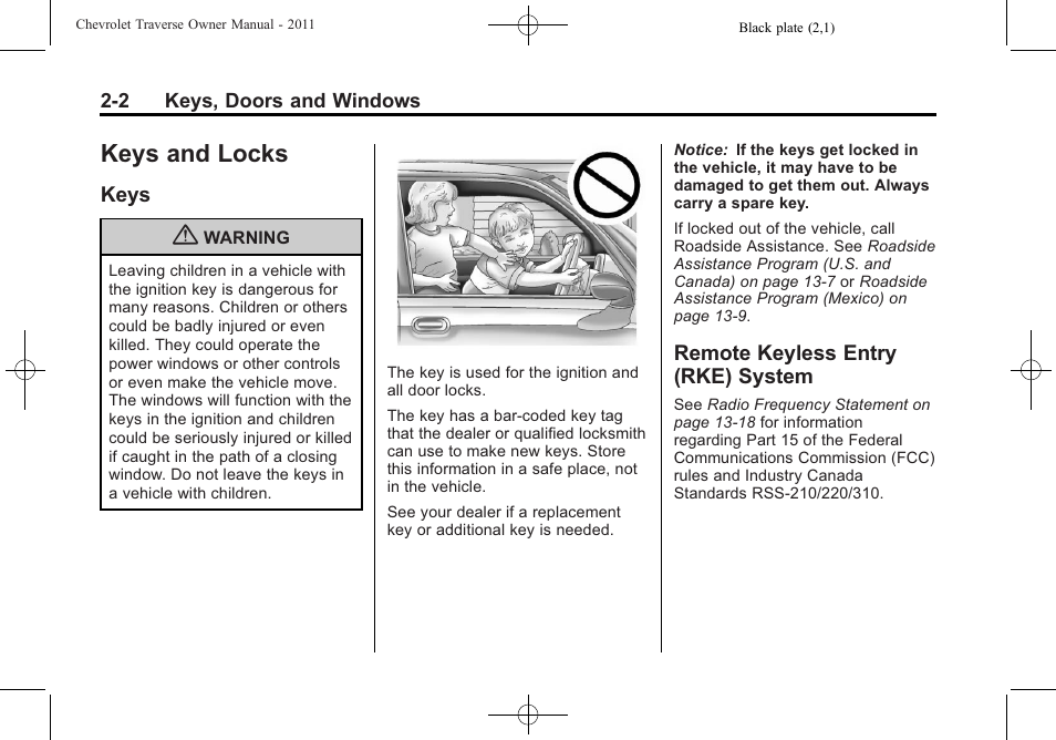 Keys and locks, Keys, Remote keyless entry (rke) system | Keys and locks -2, Indicators, Keys -2 remote keyless entry (rke), System -2 | CHEVROLET 2011 Traverse User Manual | Page 34 / 452