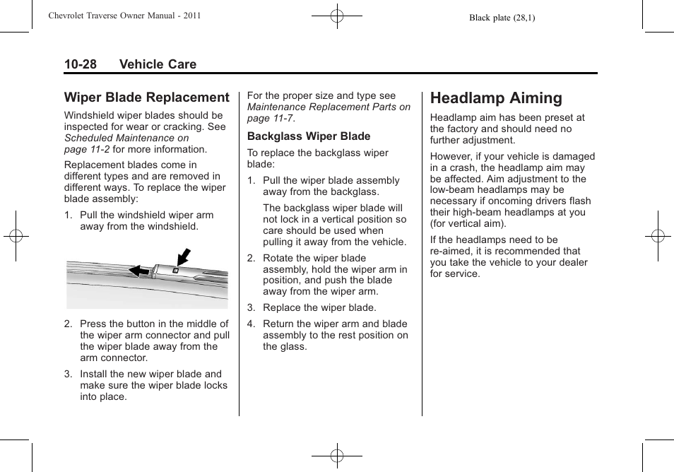 Wiper blade replacement, Headlamp aiming, Wiper blade | Replacement -28, Headlamp aiming -28 | CHEVROLET 2011 Traverse User Manual | Page 340 / 452