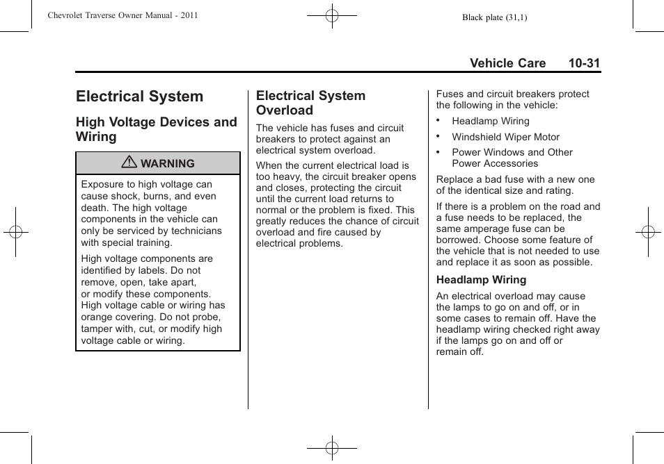 Electrical system, High voltage devices and wiring, Electrical system overload | High voltage devices and, Wiring -31, System, Overload -31 | CHEVROLET 2011 Traverse User Manual | Page 343 / 452