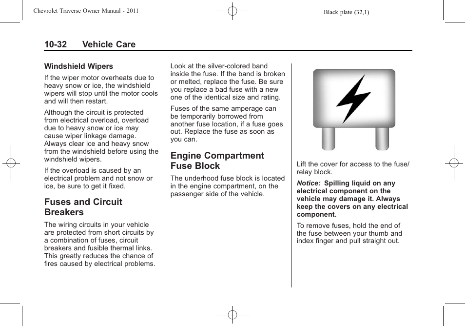Fuses and circuit breakers, Engine compartment fuse block, And circuit | Breakers -32, Engine compartment fuse, Block -32 | CHEVROLET 2011 Traverse User Manual | Page 344 / 452