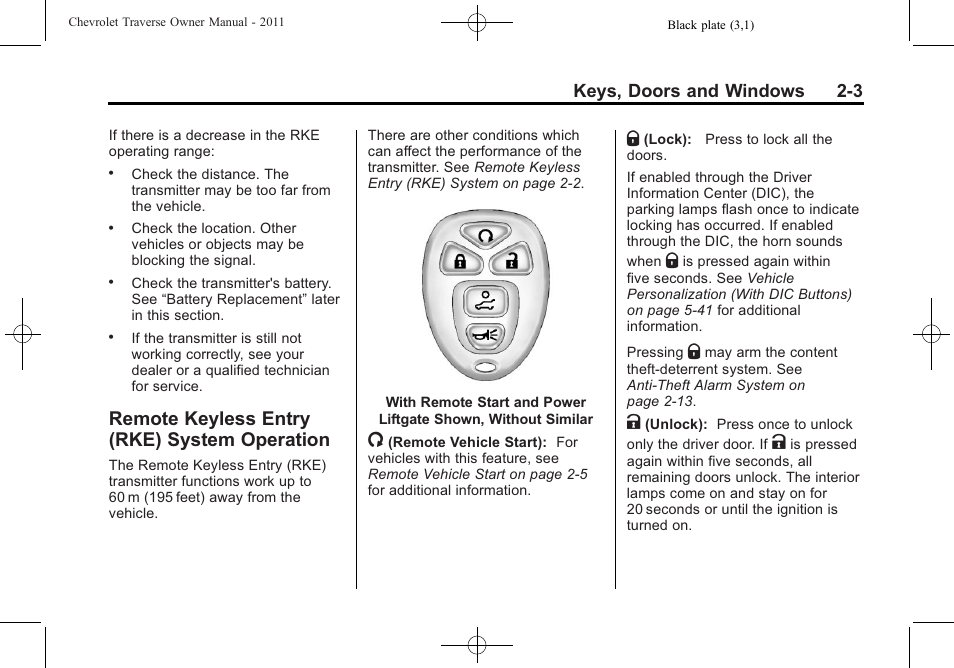 Remote keyless entry (rke) system operation, Remote keyless entry (rke), System operation -3 | Keys, doors and windows 2-3 | CHEVROLET 2011 Traverse User Manual | Page 35 / 452