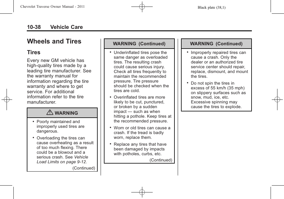 Wheels and tires, Tires, Wheels and tires -38 | Tires -38, 38 vehicle care | CHEVROLET 2011 Traverse User Manual | Page 350 / 452