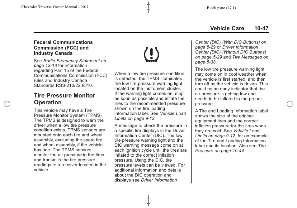 Tire pressure monitor operation, Tire pressure monitor, Operation -47 | CHEVROLET 2011 Traverse User Manual | Page 359 / 452