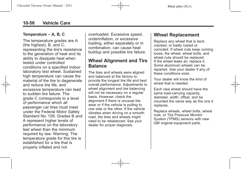 Wheel alignment and tire balance, Wheel replacement, Wheel alignment and tire | Balance -56, Wheel replacement -56 | CHEVROLET 2011 Traverse User Manual | Page 368 / 452