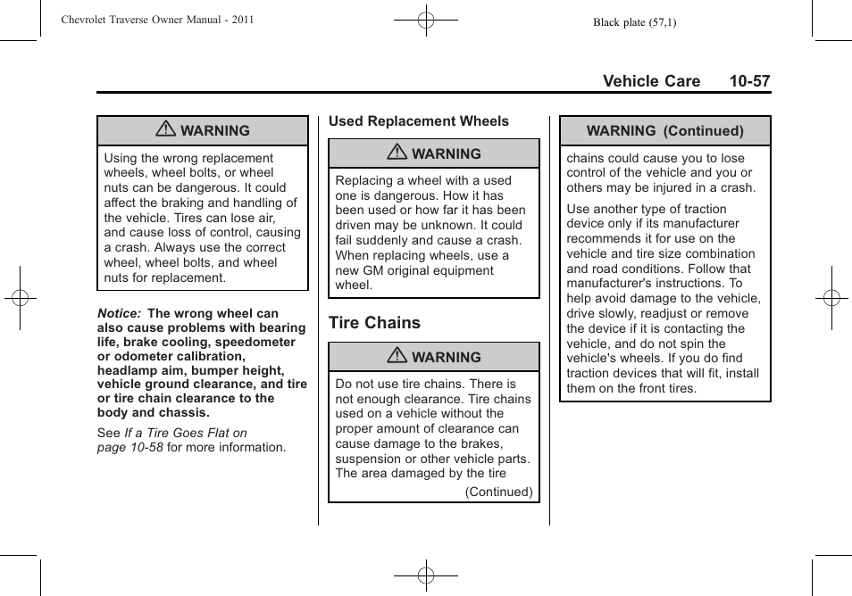 Tire chains, Tire chains -57 | CHEVROLET 2011 Traverse User Manual | Page 369 / 452