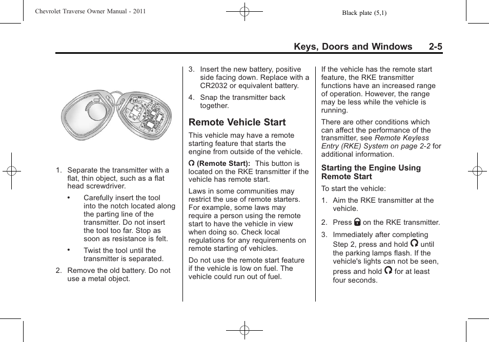 Remote vehicle start, Remote vehicle start -5, Keys, doors and windows 2-5 | CHEVROLET 2011 Traverse User Manual | Page 37 / 452