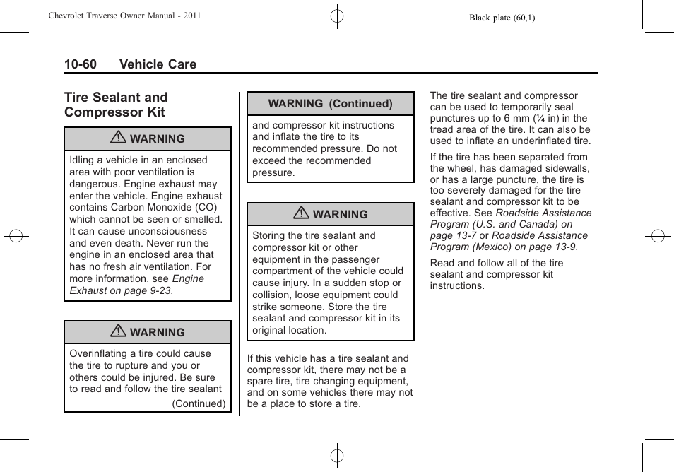 Tire sealant and compressor kit, Tire sealant and, Compressor kit -60 | CHEVROLET 2011 Traverse User Manual | Page 372 / 452